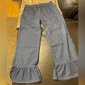 Ruffle-Hem Wide Leg Jeans in Dark Blue